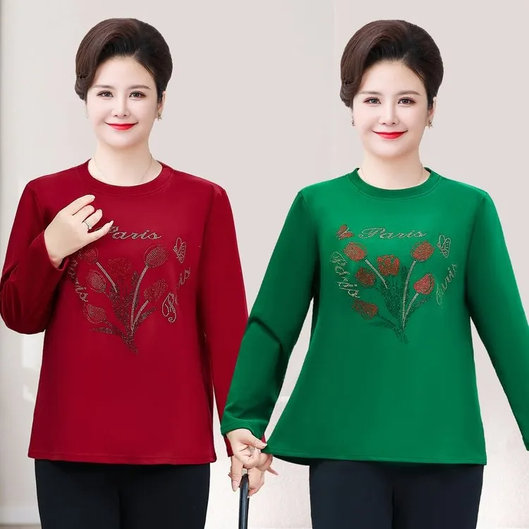 2026新款《100斤穿240斤》妈妈加绒打底衫 春秋中老年弹力大码烫钻