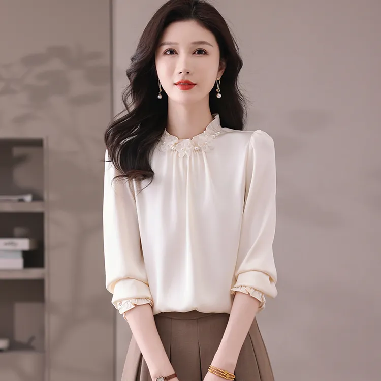 杭州重磅真丝衬衫女士长袖春秋时尚花边领桑蚕丝纯色衬衣洋气百搭