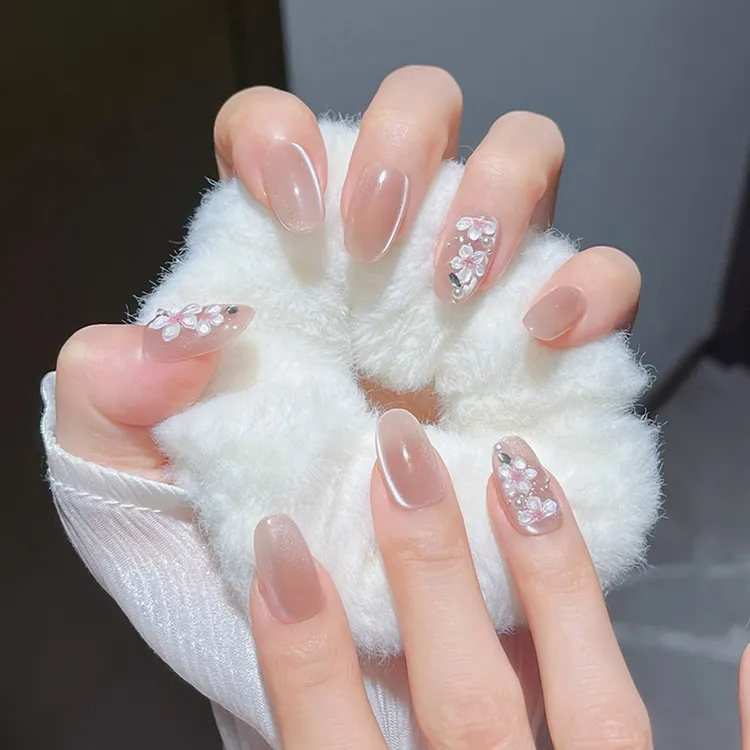 【桃之幺幺】纯手工穿戴甲水晶花朵猫眼裸色粉嫩气质显白高级感甲片