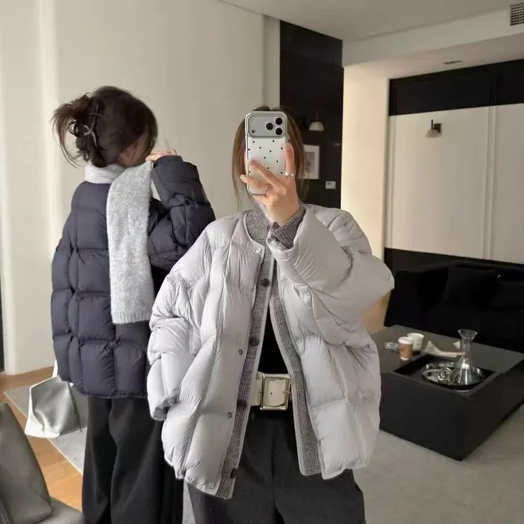 潮小妞90白鸭绒韩系白鸭绒短款冬季方格宽松保暖羽绒外套女