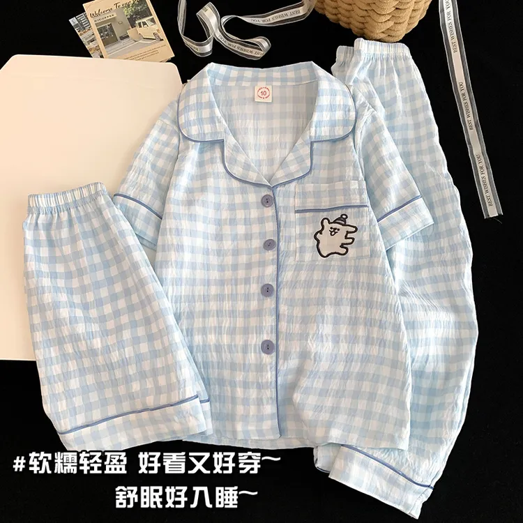 【蓝色条纹线条小狗】儿童睡衣女短袖女孩新款夏季公主风女童家居服
