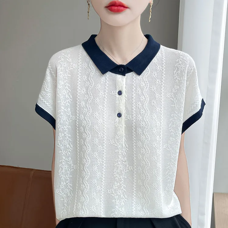 哥弟阿玛施正品夏季新款撞色翻领针织短袖时髦薄款百搭减龄上衣潮