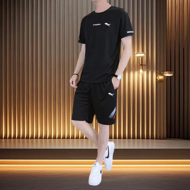 品牌男士休闲运动速干套装夏季圆领T恤透气薄款短袖短裤套装商品图