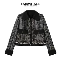 马克华菲女装经典黑白格大翻领精致金属扣长袖外套 F53010A002