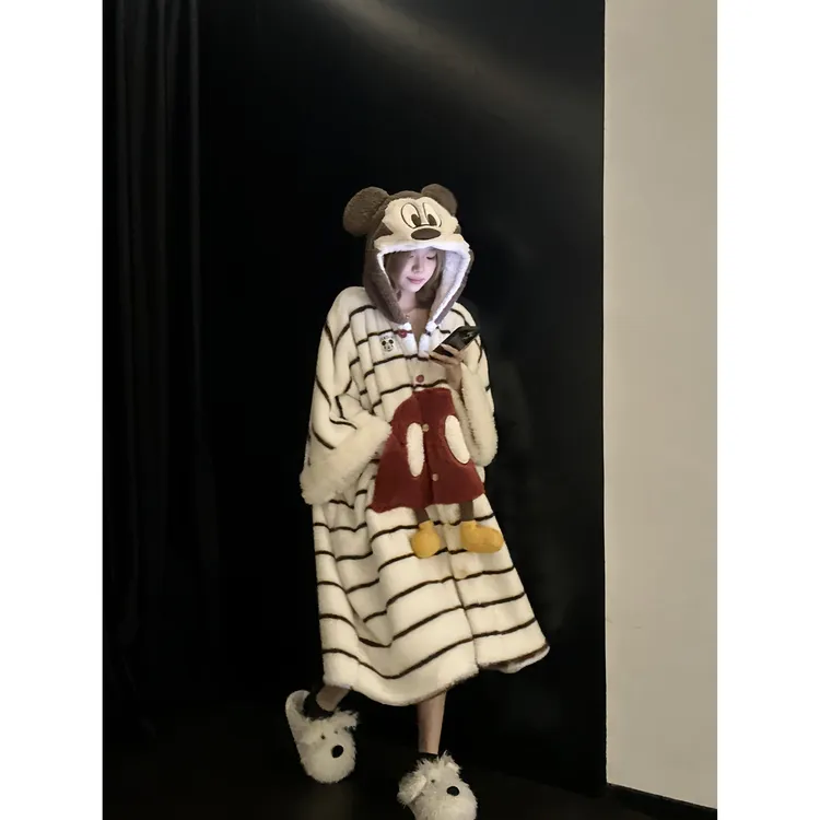 可爱米奇连帽睡袍珊瑚绒睡衣女秋冬加绒加厚保暖家居服可外穿外套