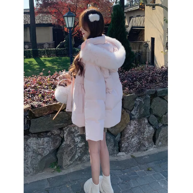 大毛领棉服女学生2025冬季新款连帽收腰棉衣韩系宽松加厚棉袄外套