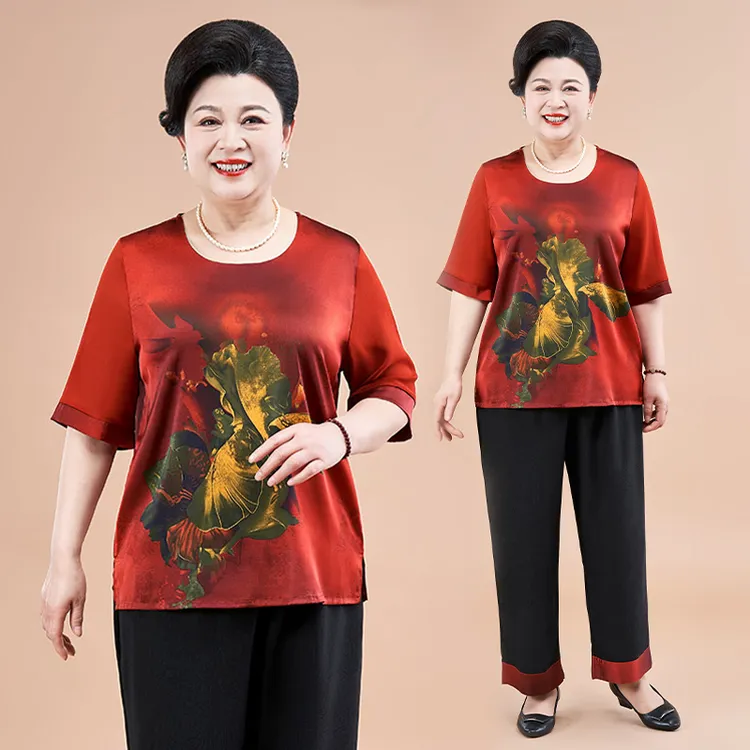 春夏新中式圆领短袖印花套装中老年女装妈妈装薄款时尚套装国风女