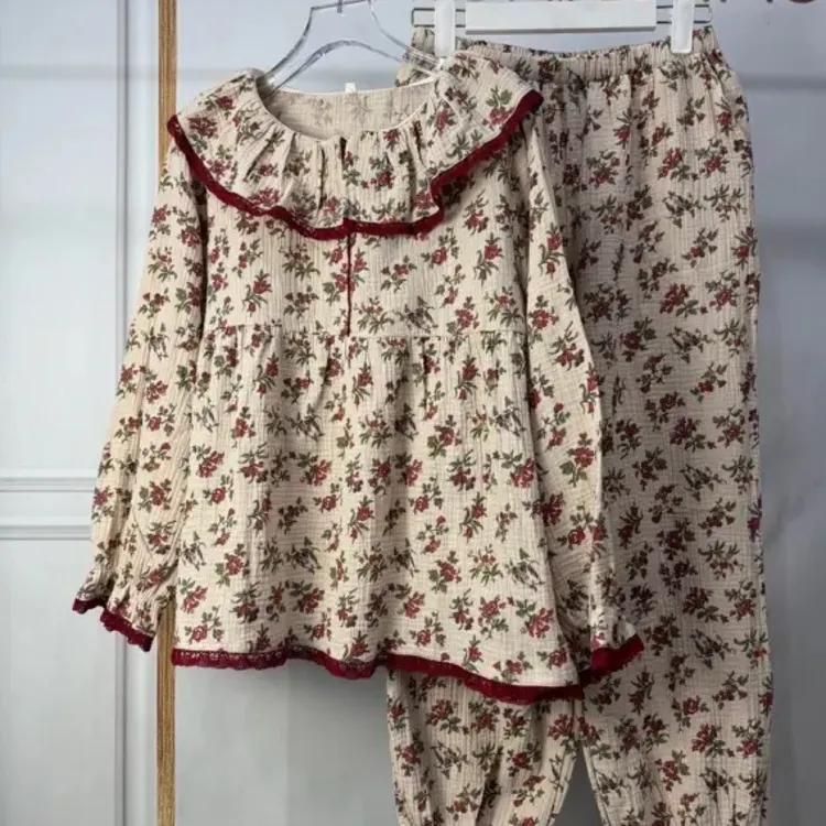 甜美娃娃领纯棉纱布女士春秋夏季长袖薄款田园风睡衣套装