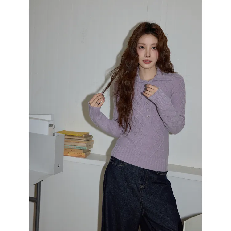 【下架】紫色翻领提花套头毛衣女2025冬季加厚内搭打底长袖针织衫