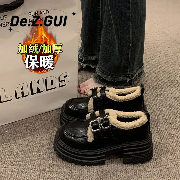厚底加绒保暖松糕乐福鞋女2025秋冬季新款时尚一字扣英伦风小皮鞋