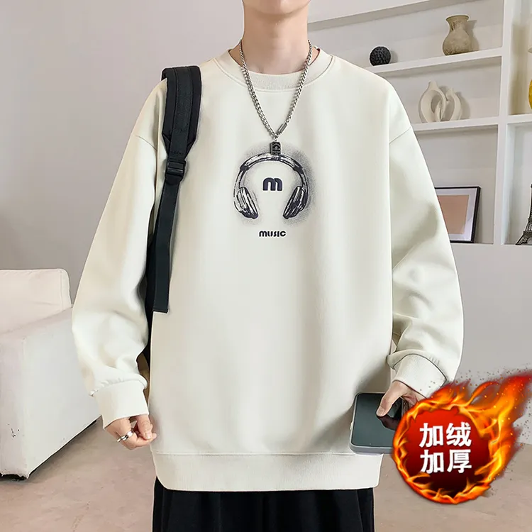 秋冬季新款青少年潮流美式宽松男生加绒加厚圆领印花长袖卫衣打底