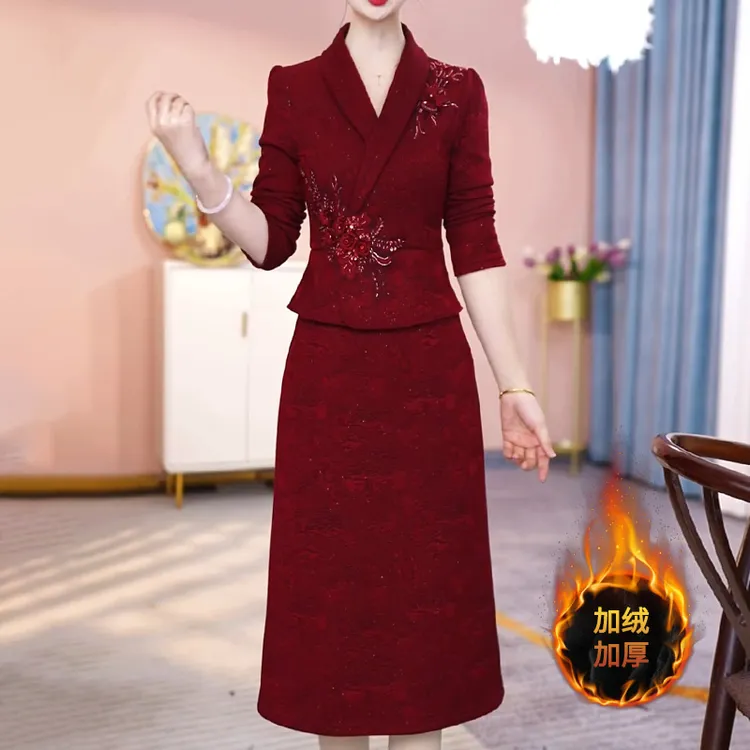 改良旗袍连衣裙2025新款女秋冬加绒高端修身喜婆婆婚宴装妈妈礼服