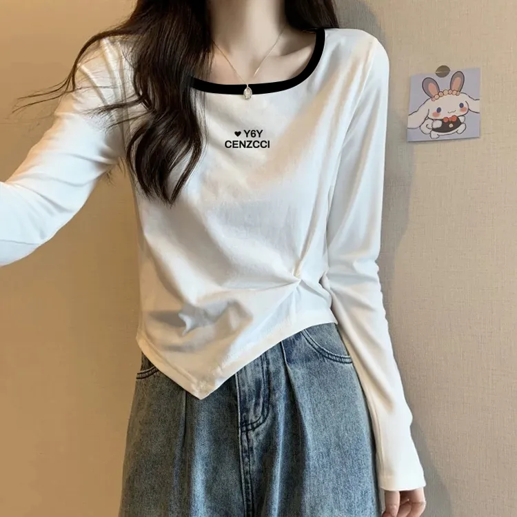 清仓捡漏~下摆不规则设计感圆领德绒长袖T恤女早秋新款内搭打底衫