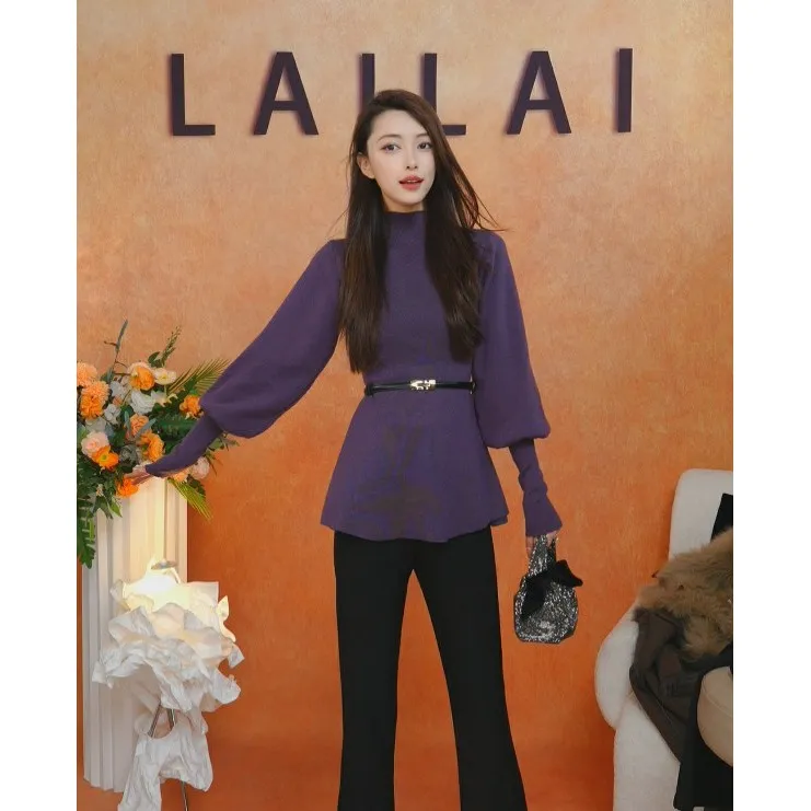 【紫气东来】极简风针织灯笼袖纯欲针织收腰显瘦气质时尚上衣I9-11