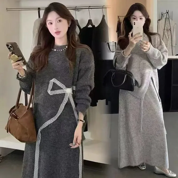 时尚欧货新款休闲韩系洋气大码胖mm蝴蝶结上衣+半裙套装459609