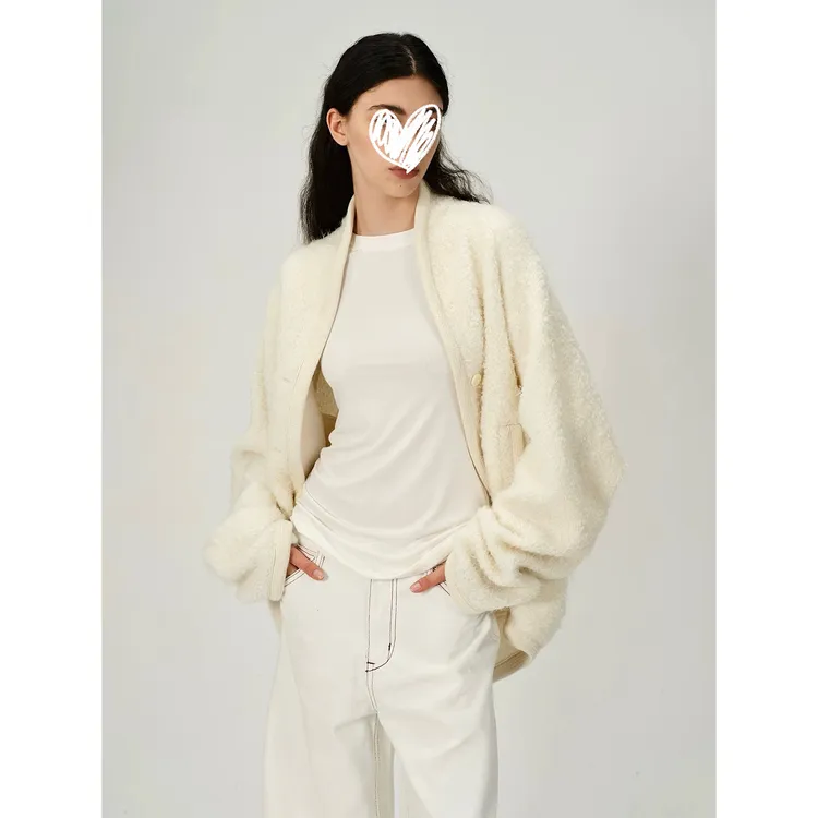 羊毛圈圈呢子冬季新款加厚开衫大廓形茧型落肩休闲外套