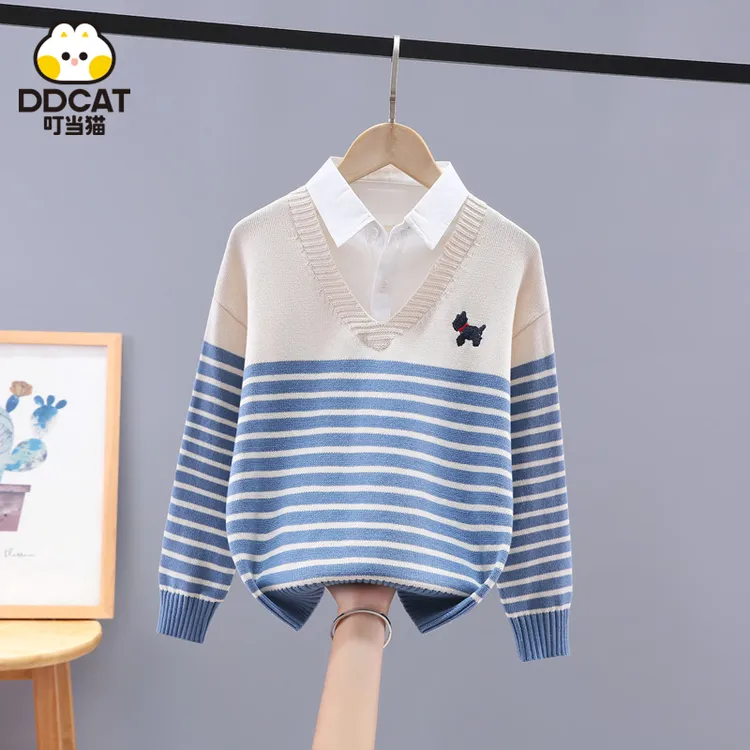 叮当猫男童假两件毛衣春秋儿童条纹针织线衫学生衬衣领衣服中大童