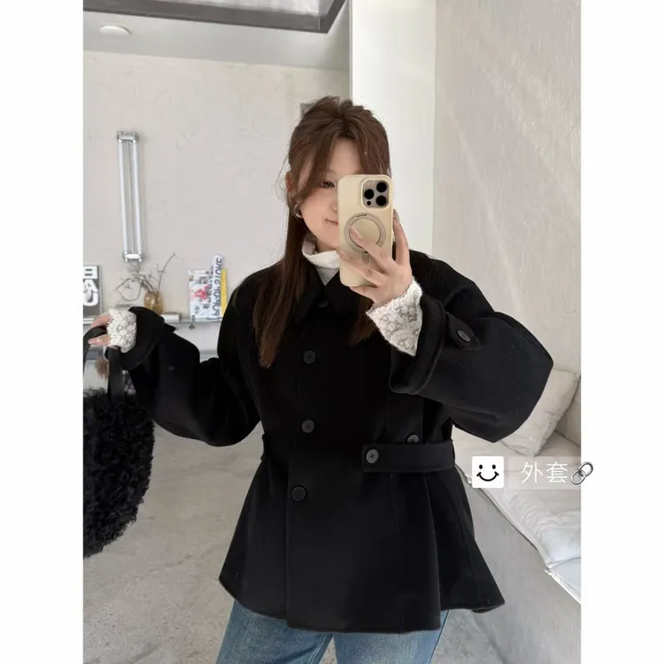 晶咕佳佳【氛围人生】腰间可系扣翻领毛呢外套黑色显瘦收腰宽松