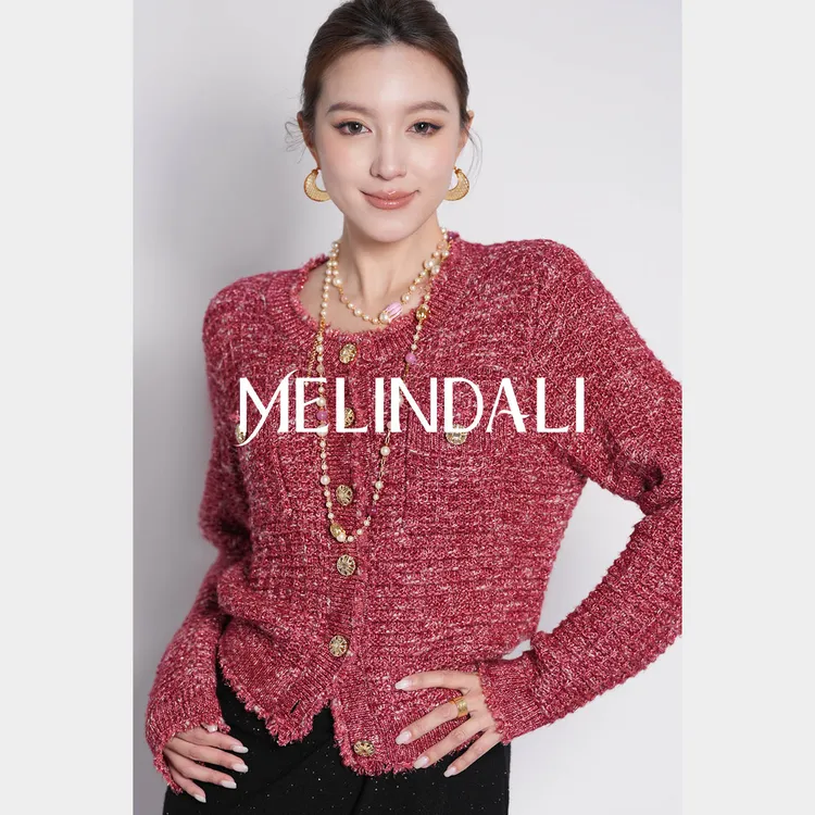 Melinda Li【星夜红】千金莱赛尔银葱绵羊毛剪毛流苏小香风针织外套