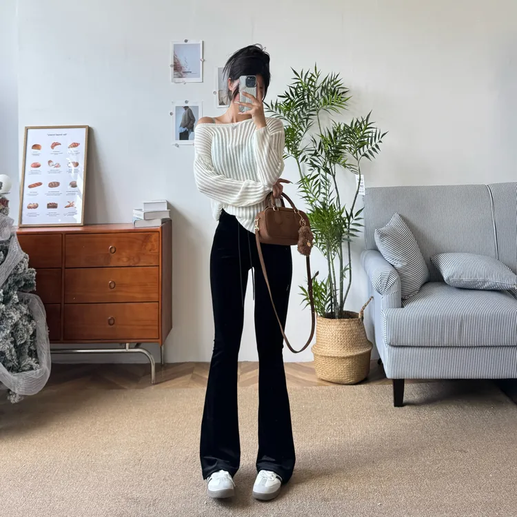 IG ONE微喇韩国进口丝绒裤女垂坠感显瘦显腿长日常休闲百搭高腰裤