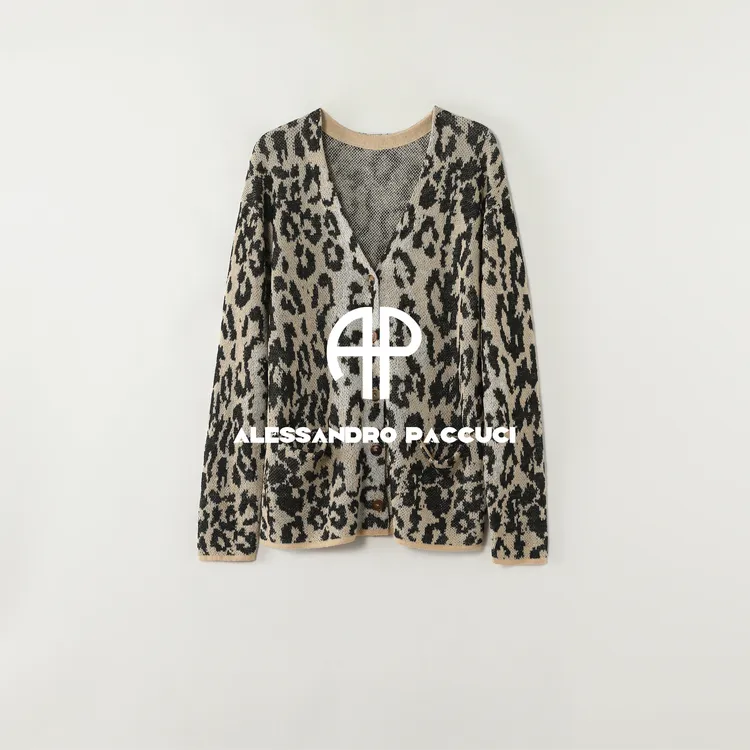 AP洛哥54263SK【野性归属】100亚麻V领豹纹提花时尚百搭针织开衫