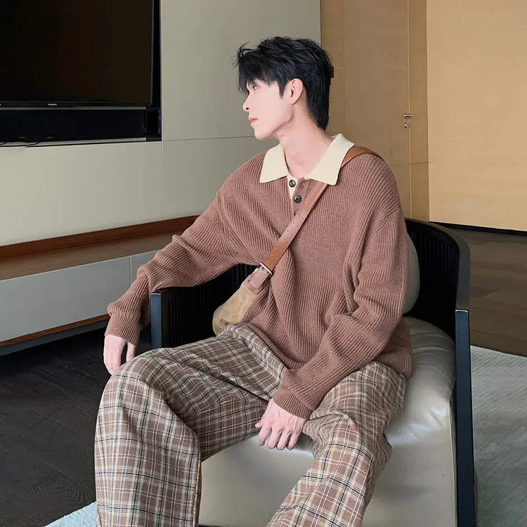 一轩轩轩【海德秋来信】秋冬肌理感polo领翻领套头毛衣针织衫25671