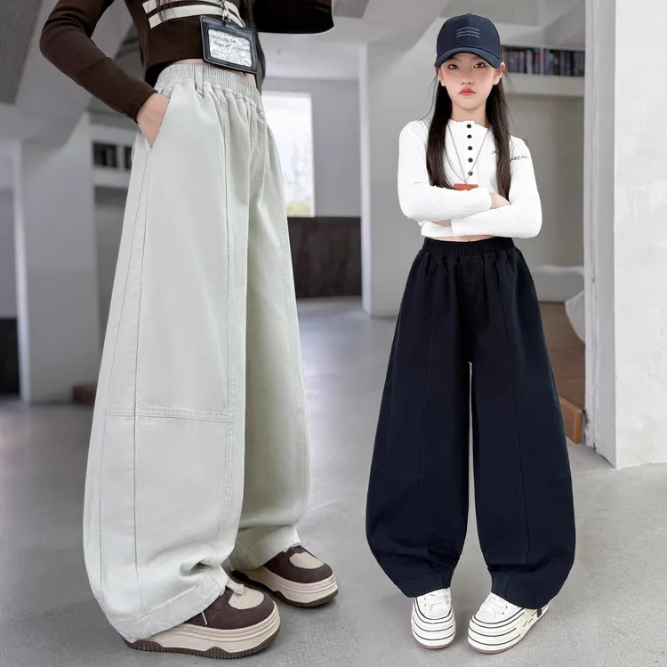 女童裤子秋外穿2025新款儿童早秋阔腿裤宽松女大童秋装棉布弯刀裤