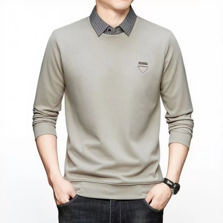 新款假两件长袖t恤男士2025年秋季衬衫领上衣休闲爆款打底衫男款