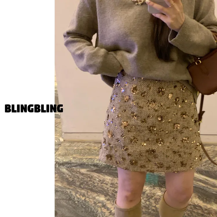 唐不灵微胖《流光溢彩》blingbling细闪显瘦气质感半身裙