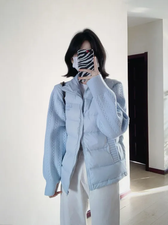 韩版温柔气质蓝色麻花针织拼接设计棉服设计字母刺绣薄款棉衣外套