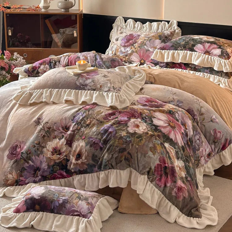 5D数码印花双面加厚加绒韩版花边牛奶绒四件套公主风双人床上用品商品图