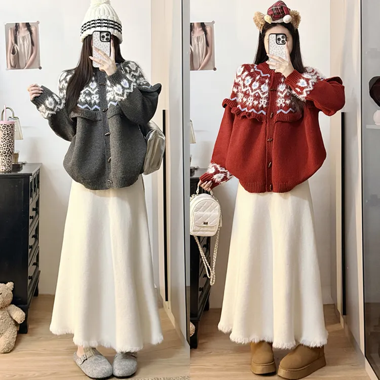 大码胖mm圣诞新年红色毛衣外套牛角扣费尔岛针织开衫半身裙套装女
