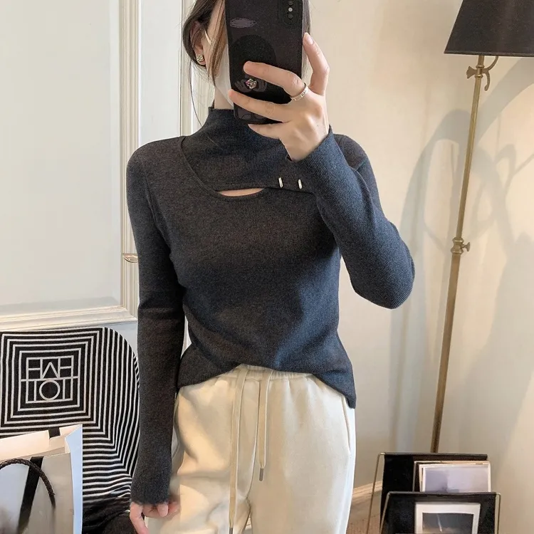 设计感镂空小心机半高领针织打底衫秋冬修身显瘦时尚百搭上衣0355