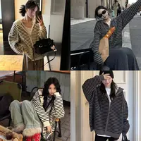 【原单高克重】抽绳连帽条纹针织开衫女秋季韩版宽松加厚毛衣外套