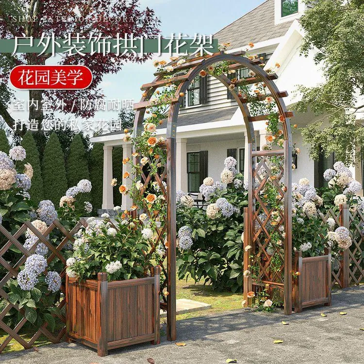 室外拱门爬藤花架防腐木庭院装饰门花园栅栏围栏门网格户外葡萄架