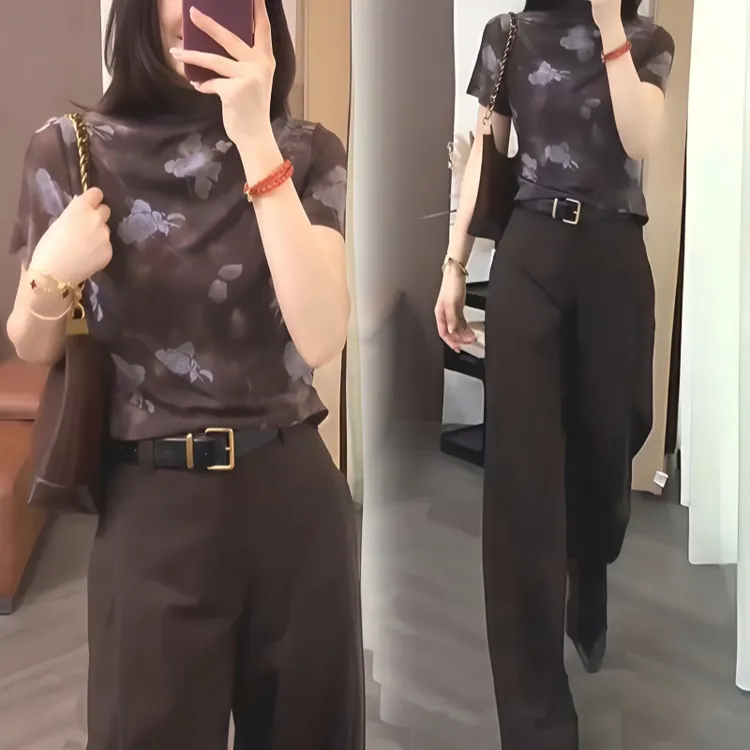 罗芬面料故事旗舰店女装秋季半高领印花双层软纱小衫配显瘦直筒裤