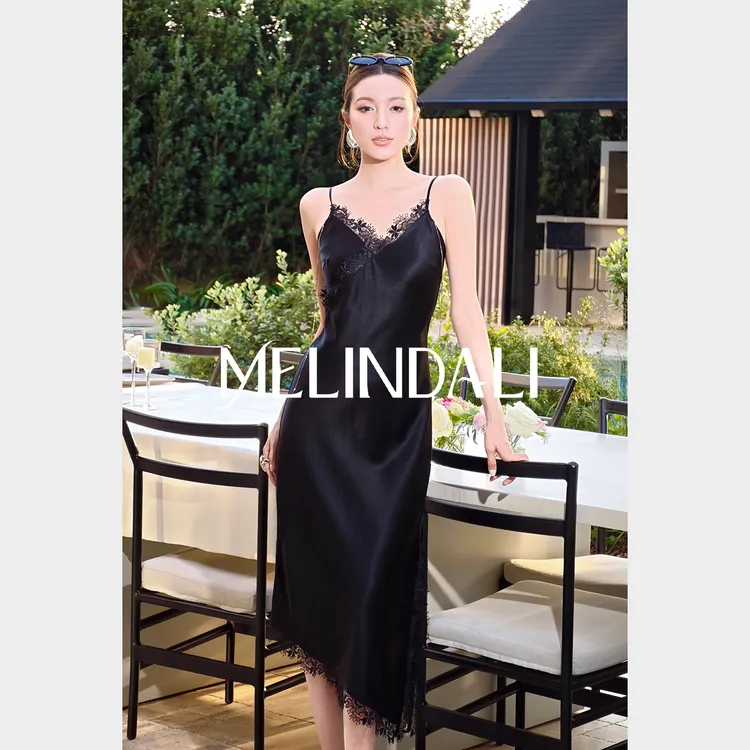 Melinda Li【长岛夜宴】重磅醋酸浪漫蕾丝花边斜裁珠链吊带连衣裙