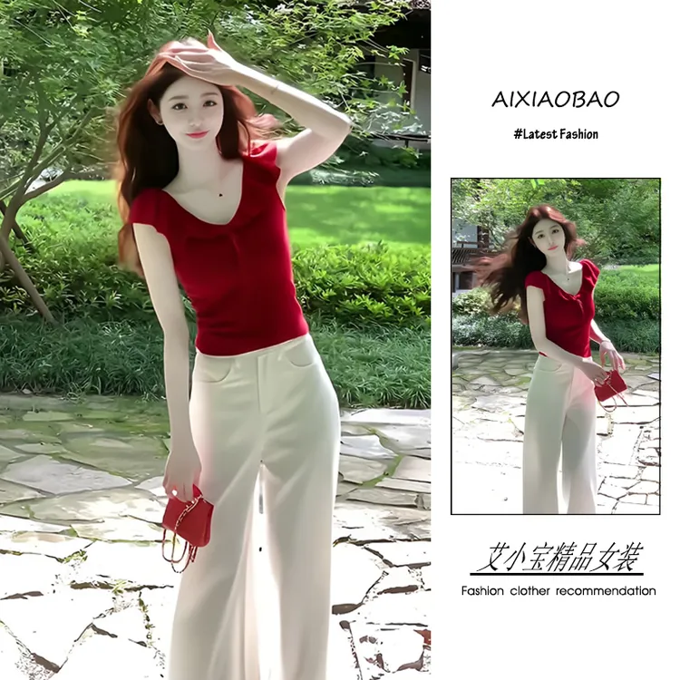 夏季2025年新款女装韩系穿搭甜美风木耳边一字肩短袖阔腿裤两件套