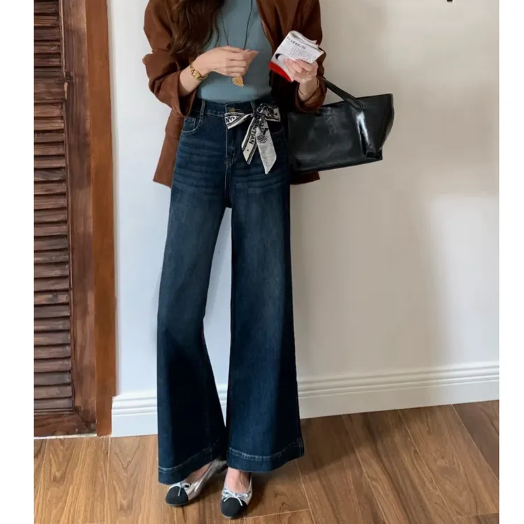 巨洋气～早秋新款高腰阔腿喇叭牛仔裤秋季新款显瘦垂感拖地裤