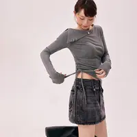 【李欣燃同款】CHUU冬季女装斜肩设计一字肩百搭不对称抽绳韩系T恤