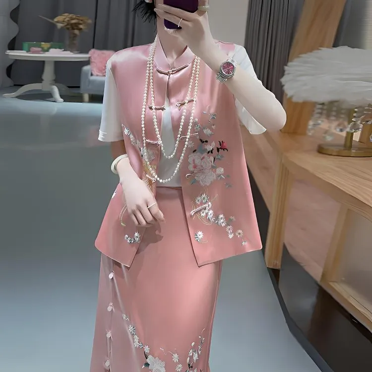 【高定版】南油轻奢真醋酸秋冬新中式重工刺绣马甲半身裙两件套装裙