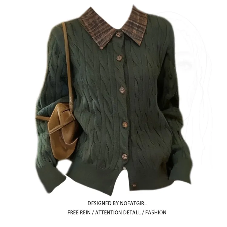 大码胖妹妹美式复古绿色拼格子针织毛衣女秋冬设计感翻领开衫外套