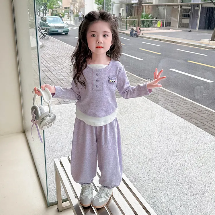 女童早秋薄款套装2025新款儿童假两件长袖打底衫宝宝休闲裤两件套