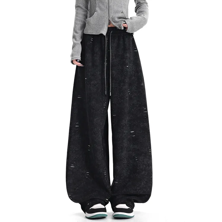 KEN STUDIO秋冬新款美式黑色阔腿弯刀卫裤女宽松垂感运动休闲裤子