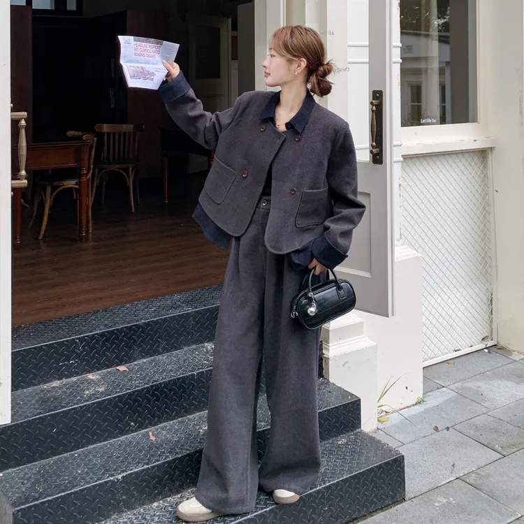 韩系高级感气质显瘦毛呢套装女秋季新款假两件外套阔腿裤两件套