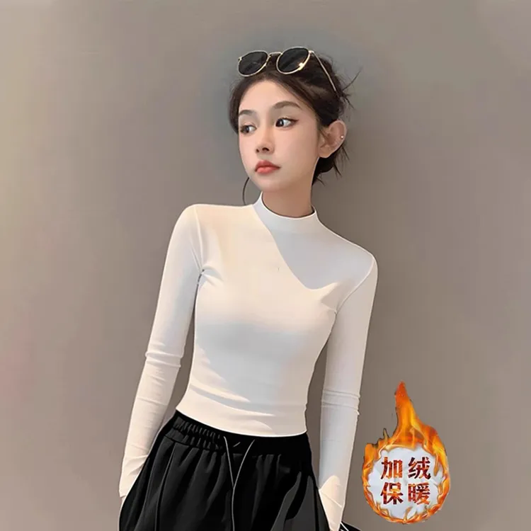 修身半高领加绒打底衫女内搭欧货2025秋冬新款磨毛长袖上衣t恤ins