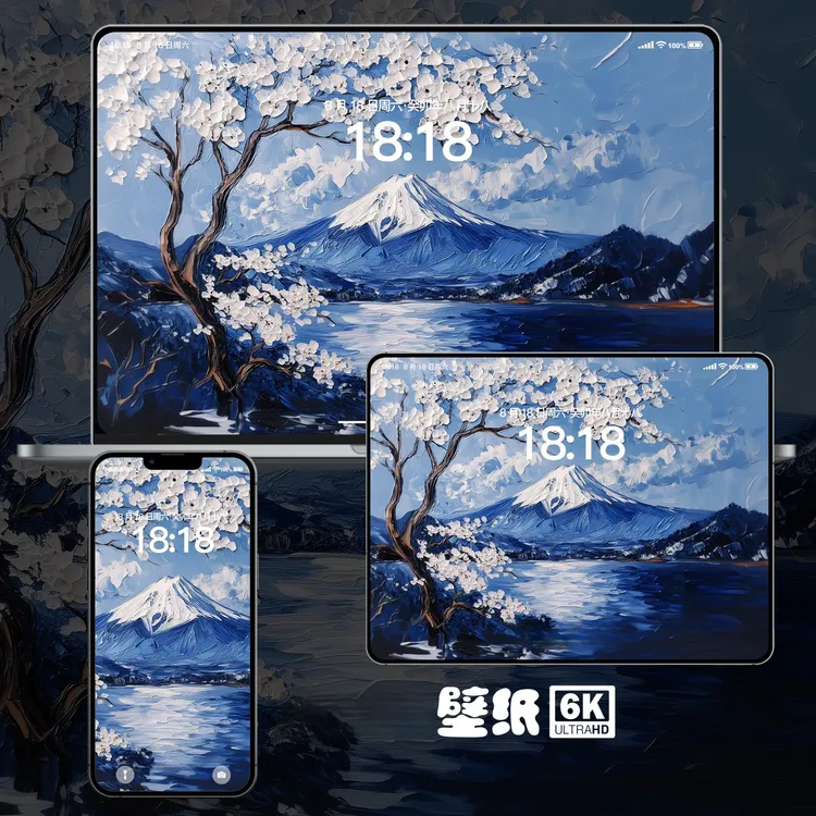 富士山樱花油画插画壁纸iphone苹果安卓手机mac电脑ipad平板壁纸