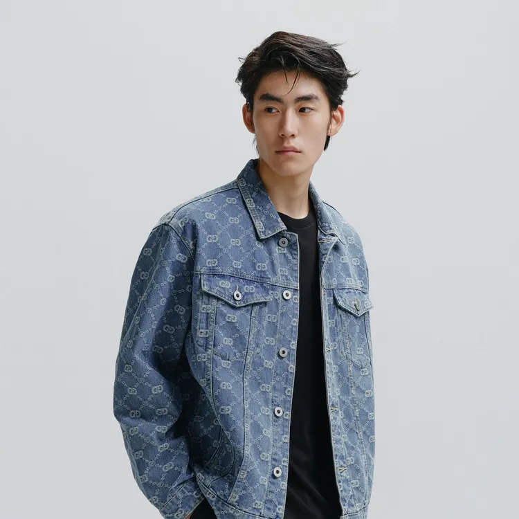 太平鸟男装秋季翻领满印茄克时尚提花牛仔男生外套夹克BWBJE3120