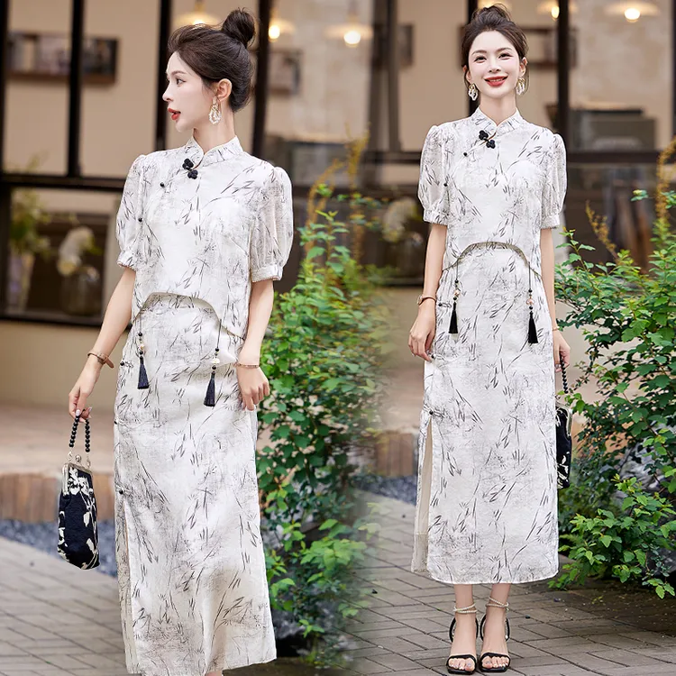 夏季新款水墨画中式上衣+半身裙套装裙女裙子气质