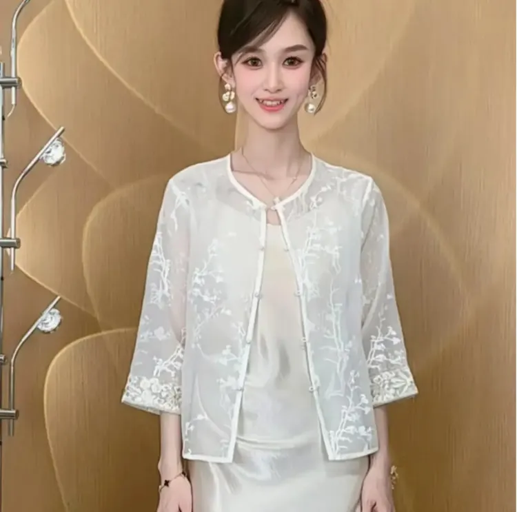 --新中式防晒女薄款透气刺绣新中式短外套冰丝提花刺绣七分袖夏季